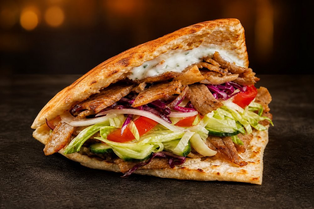 Döner im Fladenbrot mit Drehfleisch, Salat, Tomaten und Zaziki
