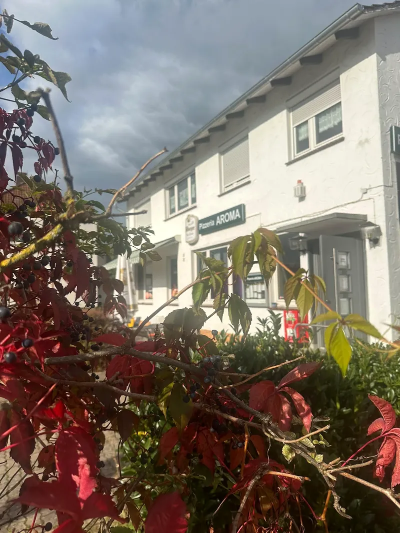 Gebäude von Pizzeria Aroma mit herbstlicher Bepflanzung