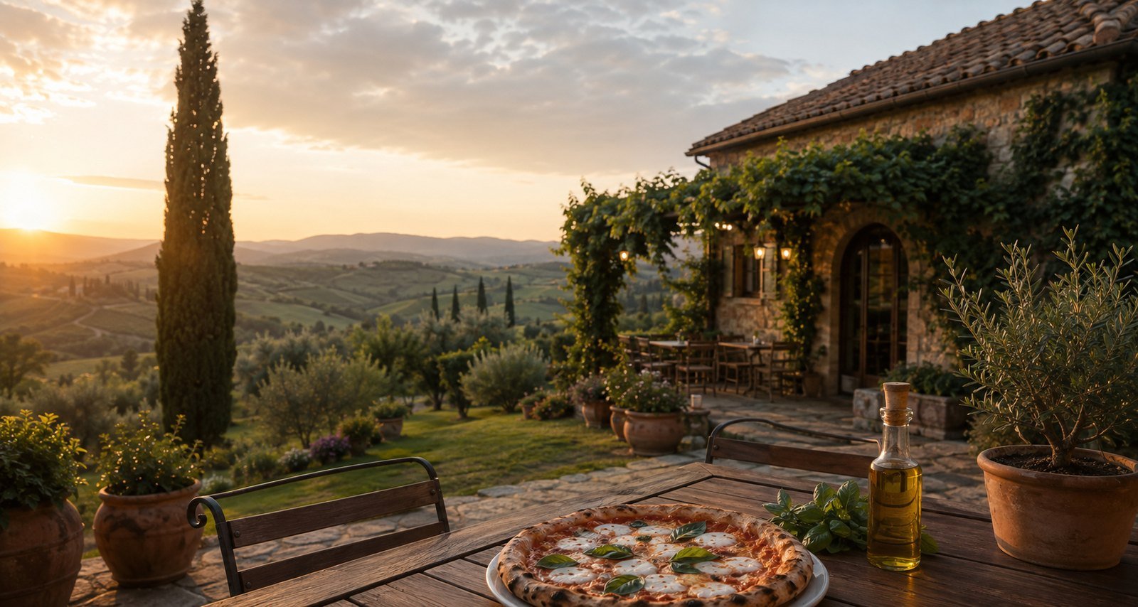 Italienische Terrasse in der Toskana bei Sonnenuntergang mit einer frischen Pizza Margherita auf einem Holztisch